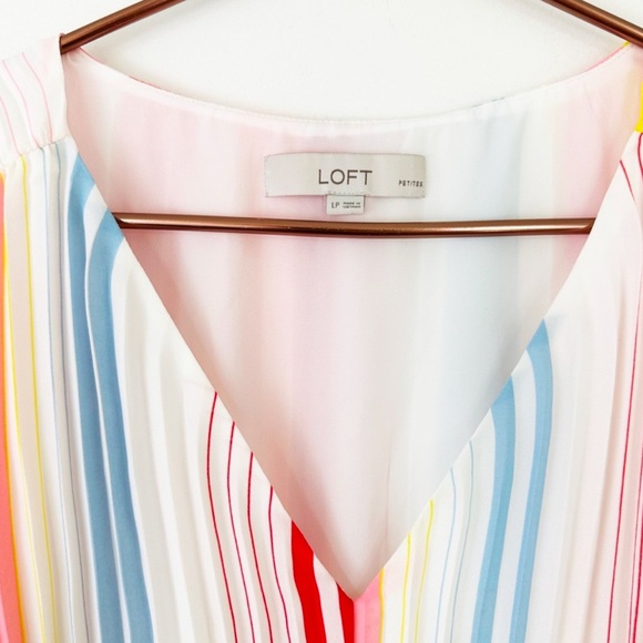 Loft Womens Large Petite Rainbow Striped Pleated Belted Midi Dress - Picture 3 of 7